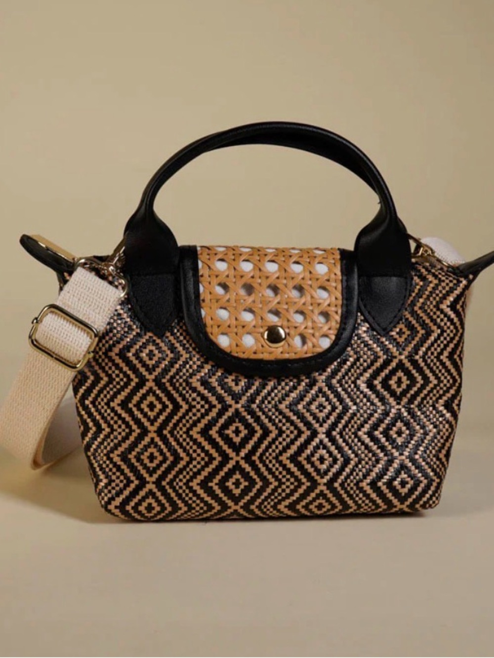 KULTURA Island Girl Woven Pattern Black & Tan Crossbody Tote